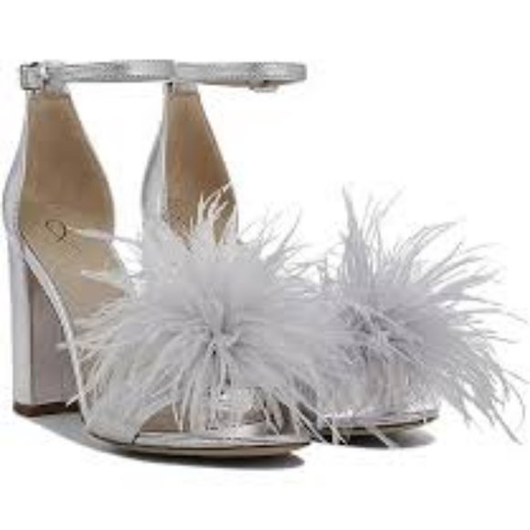 New SAM EDELMAN Yaro Silver Feather & Leather Sandals 4" Block Heel 8.5 - Picture 3 of 9